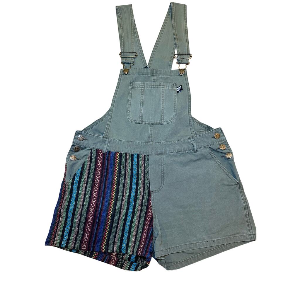 Modern Lux Womens Olive Green Mixed Media Baja Stripe Shortalls Overalls‎
